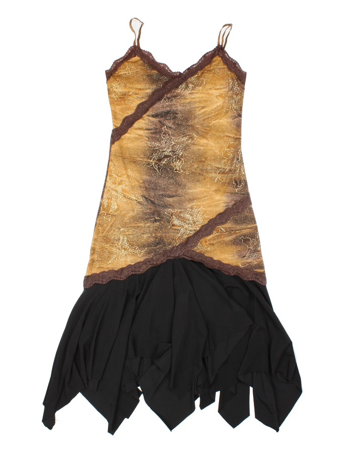 Vintage Y2K Asymmetrical Dress in browncolourway, with handkerchief hemline and all over glitter detail.