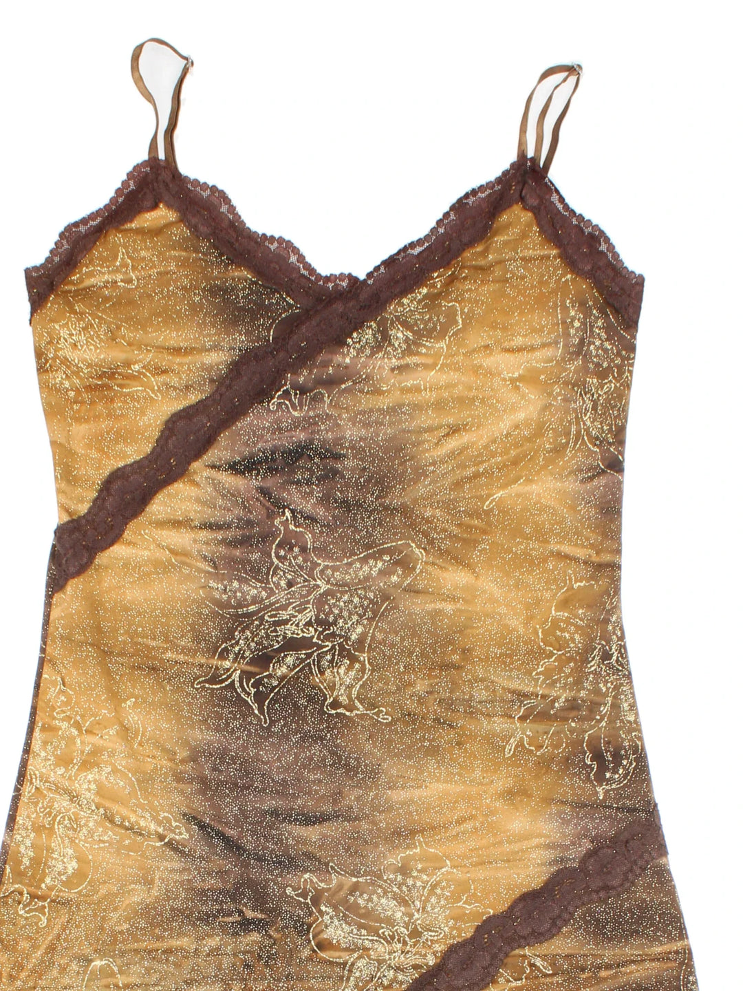 Vintage Y2K Asymmetrical Dress in browncolourway, with handkerchief hemline and all over glitter detail.