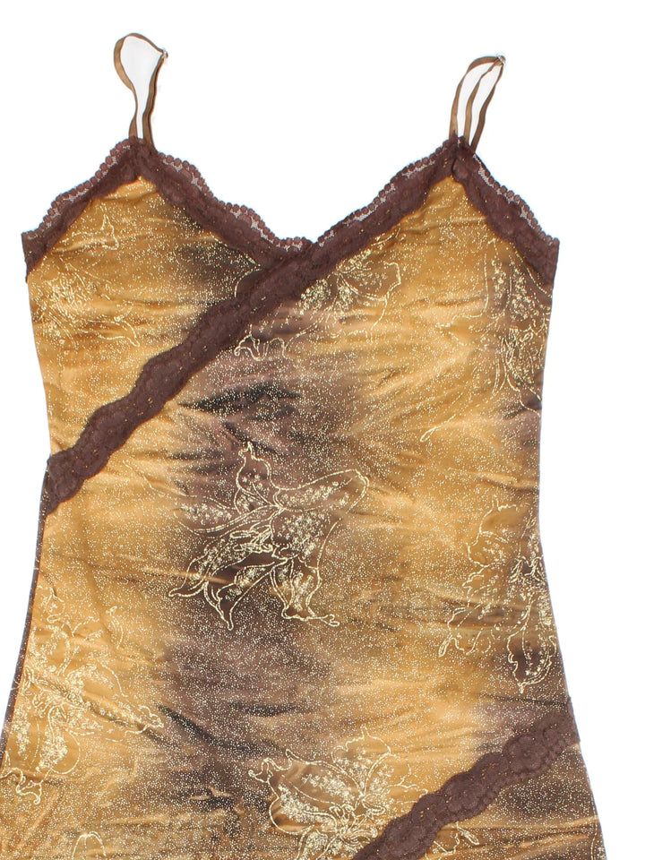 Vintage Y2K Asymmetrical Dress in browncolourway, with handkerchief hemline and all over glitter detail.