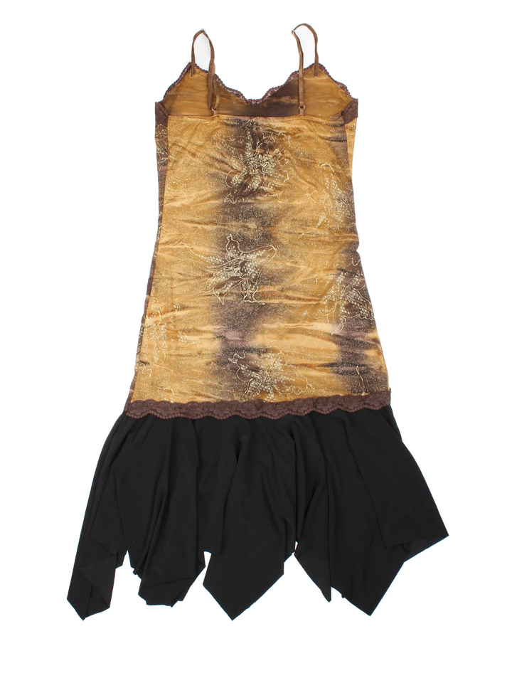 Vintage Y2K Asymmetrical Dress in browncolourway, with handkerchief hemline and all over glitter detail.