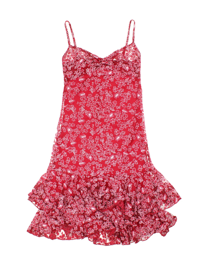 Y2K Floral Dress in red colourway with glitter sheer overlay and frill hem.