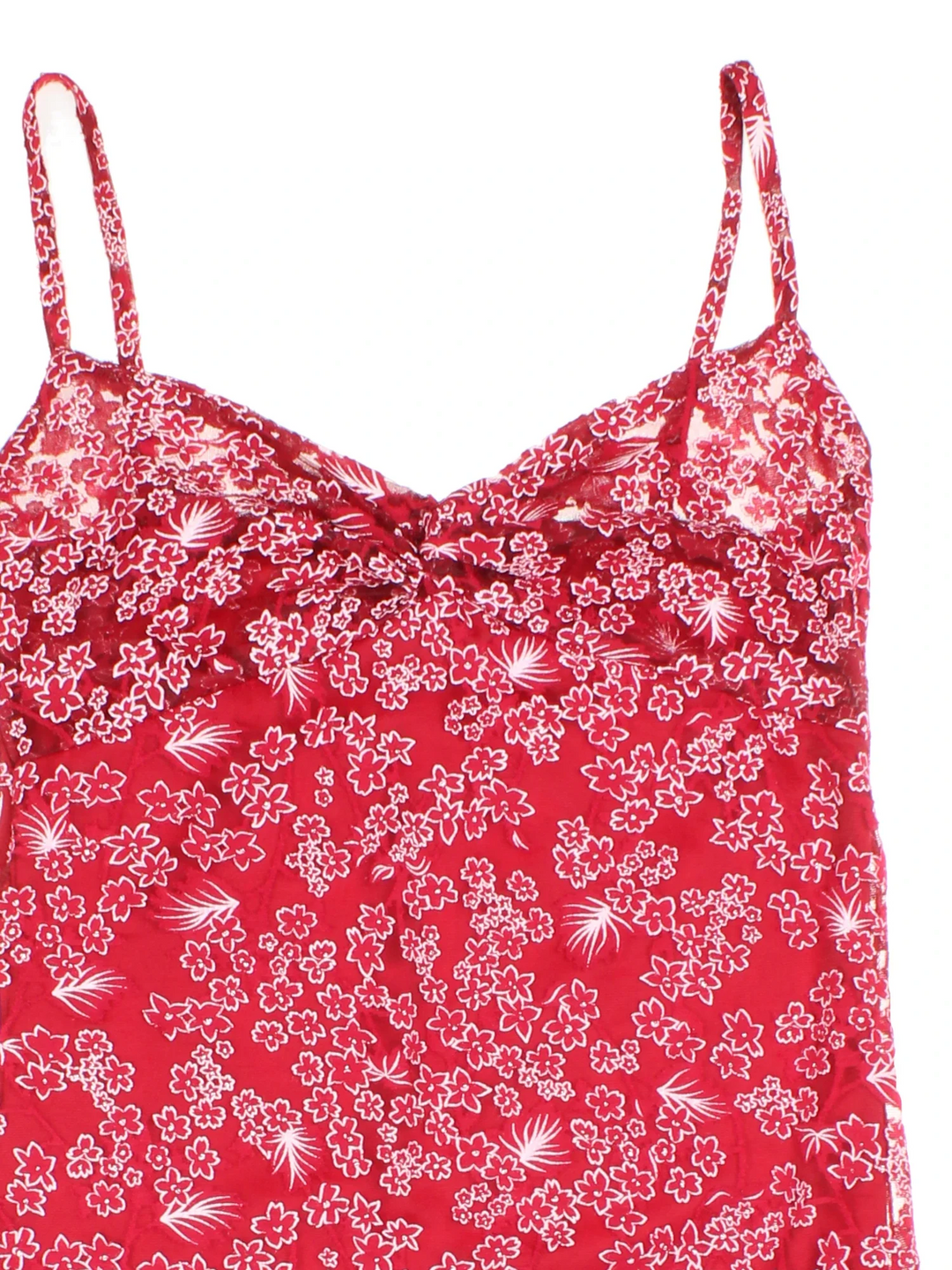 Y2K Floral Dress in red colourway with glitter sheer overlay and frill hem.