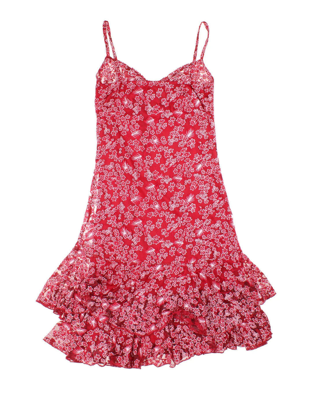 Y2K Floral Dress in red colourway with glitter sheer overlay and frill hem.