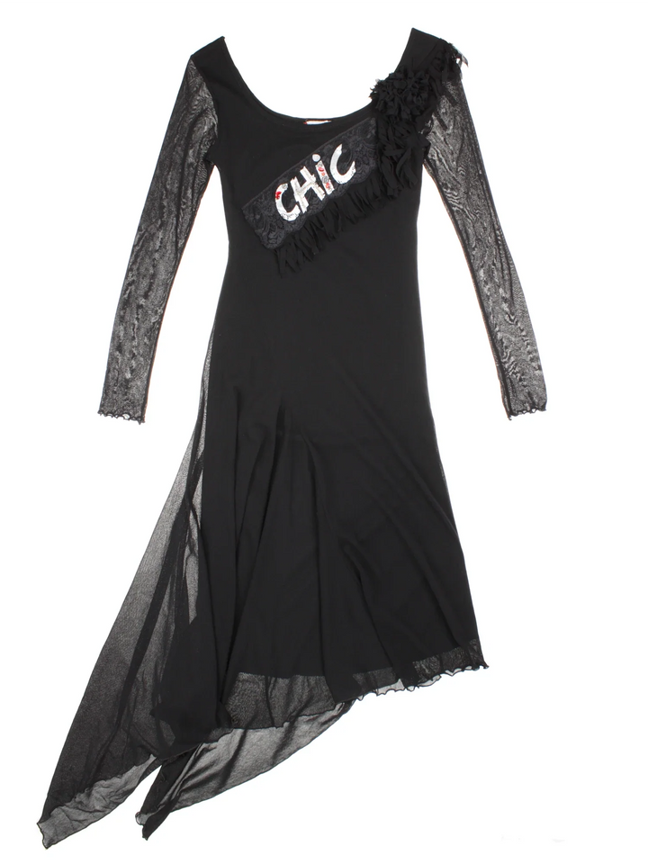 Y2K Chic Asymmetrical Dress in black colourway. Scoop neck, lace CHIC motif and sheer overlay.