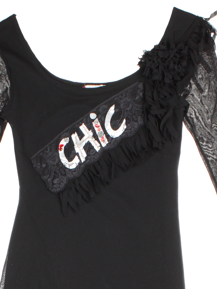 Y2K Chic Asymmetrical Dress in black colourway. Scoop neck, lace CHIC motif and sheer overlay.