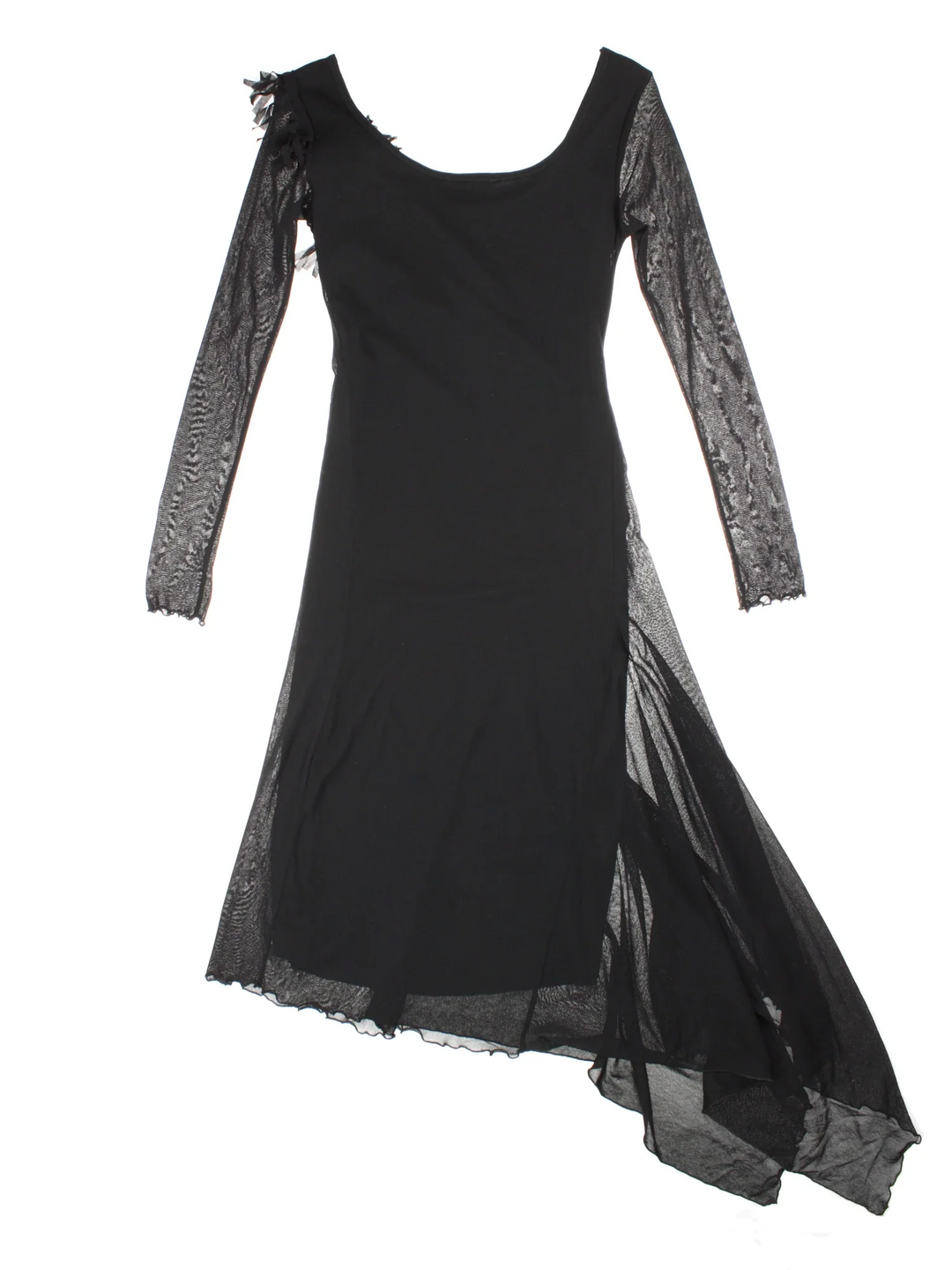 Y2K Chic Asymmetrical Dress in black colourway. Scoop neck, lace CHIC motif and sheer overlay.