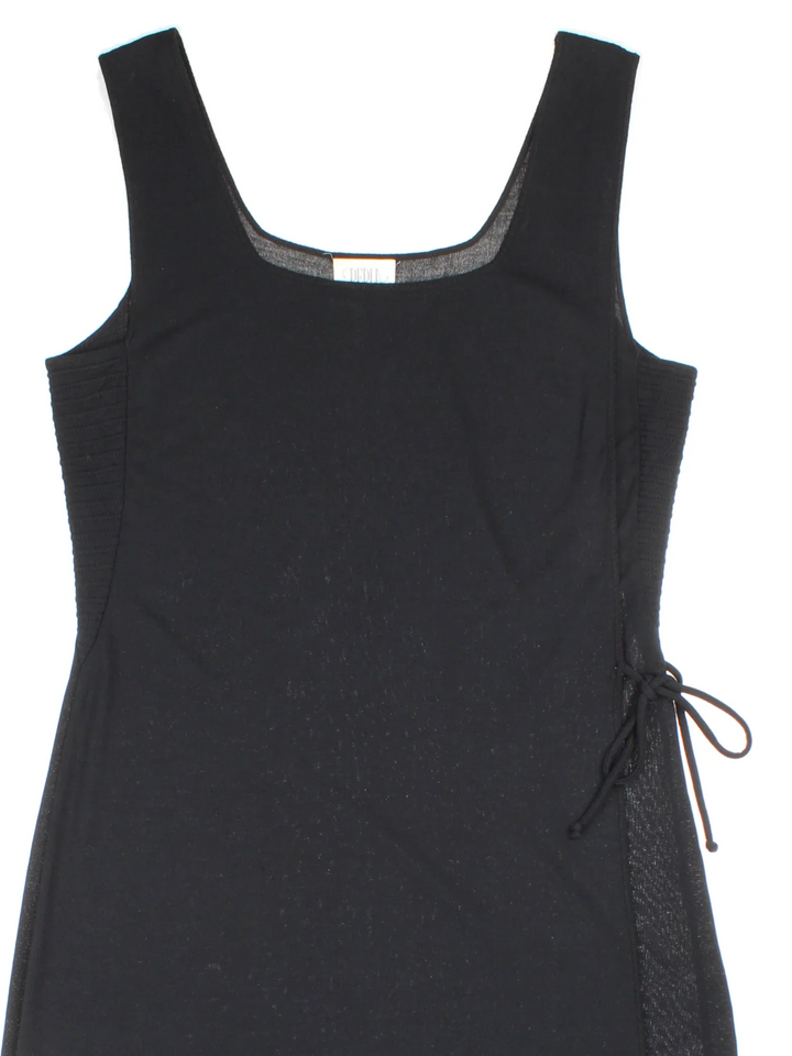 Vintage 90's Midi Dress in black colourway. Scoop neck, ribbed panelling and tie side.