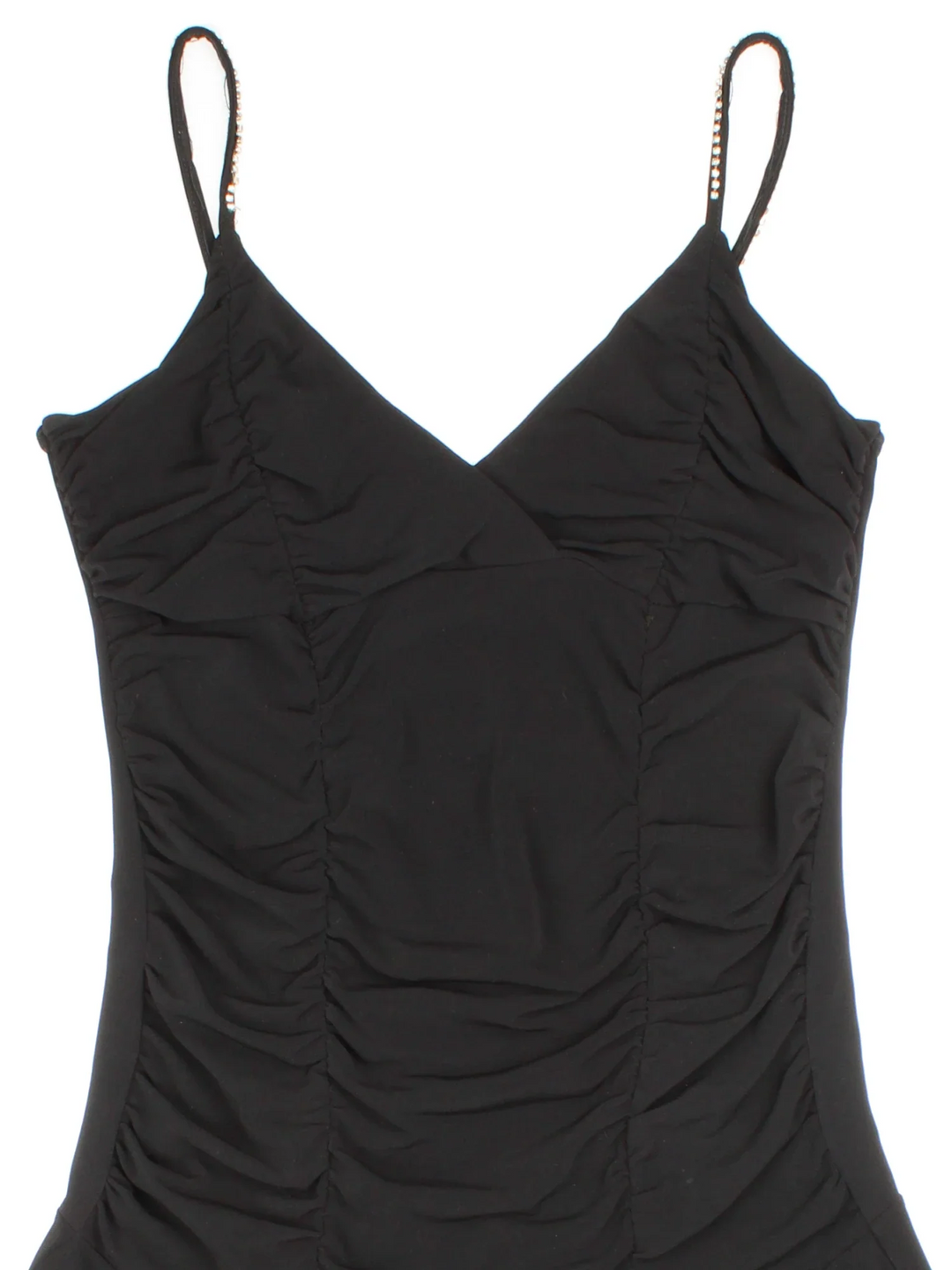 Y2K Diamante Dress in black colourway. V neck, ruched panelling, waterfall hem and diamante strap detail.