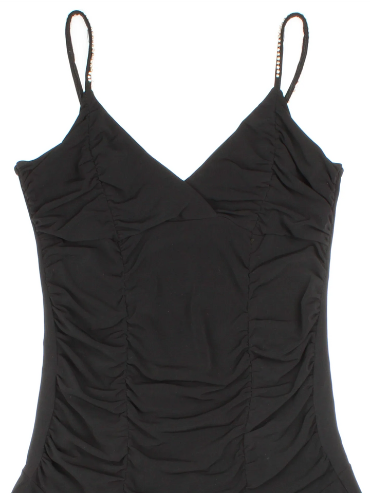 Y2K Diamante Dress in black colourway. V neck, ruched panelling, waterfall hem and diamante strap detail.