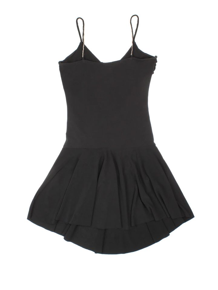 Y2K Diamante Dress in black colourway. V neck, ruched panelling, waterfall hem and diamante strap detail.