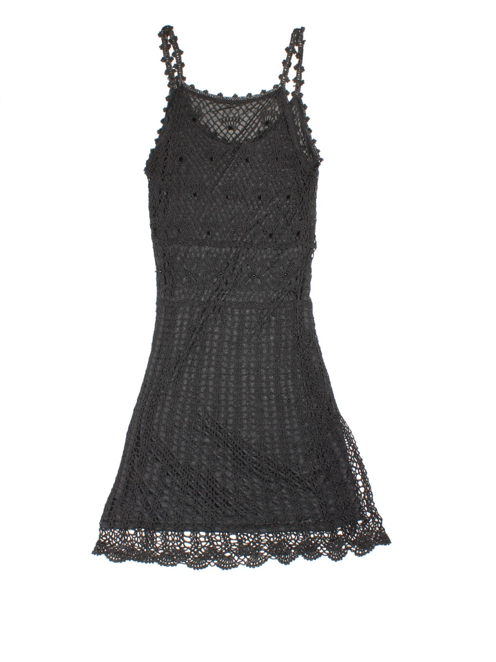 Y2K Crochet Midi Dress in black colourway. Scoop neck/back with beaded crochet over layer.