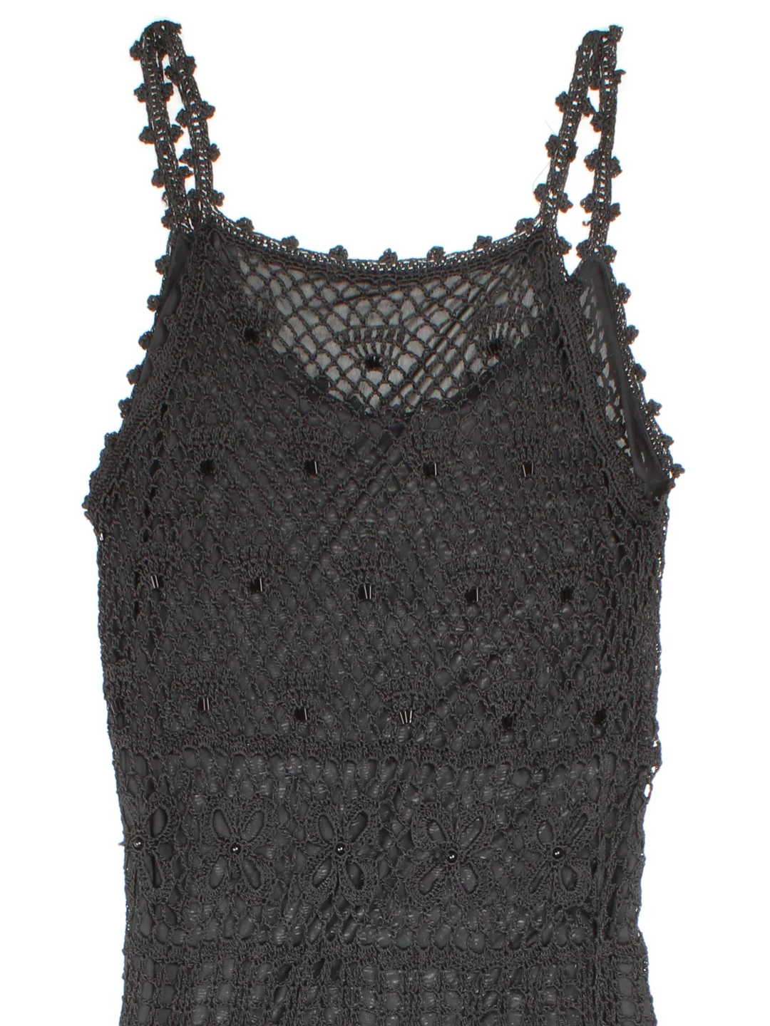 Y2K Crochet Midi Dress in black colourway. Scoop neck/back with beaded crochet over layer.