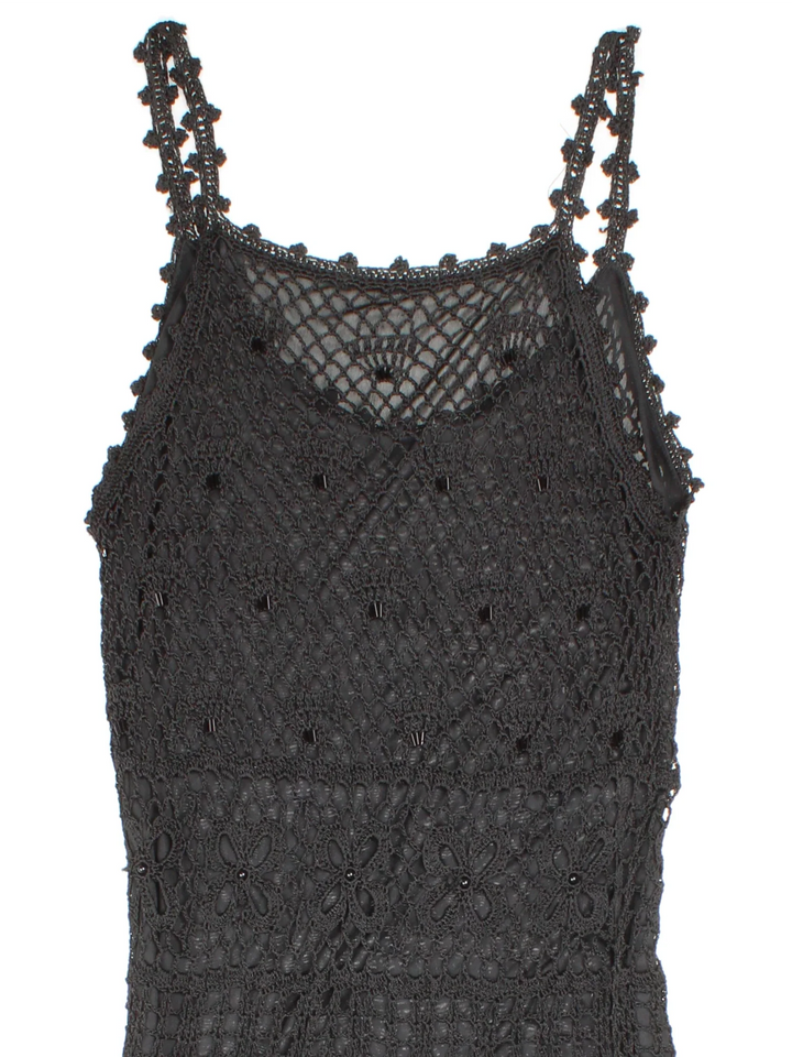 Y2K Crochet Midi Dress in black colourway. Scoop neck/back with beaded crochet over layer.