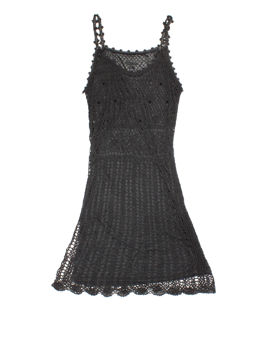 Y2K Crochet Midi Dress in black colourway. Scoop neck/back with beaded crochet over layer.