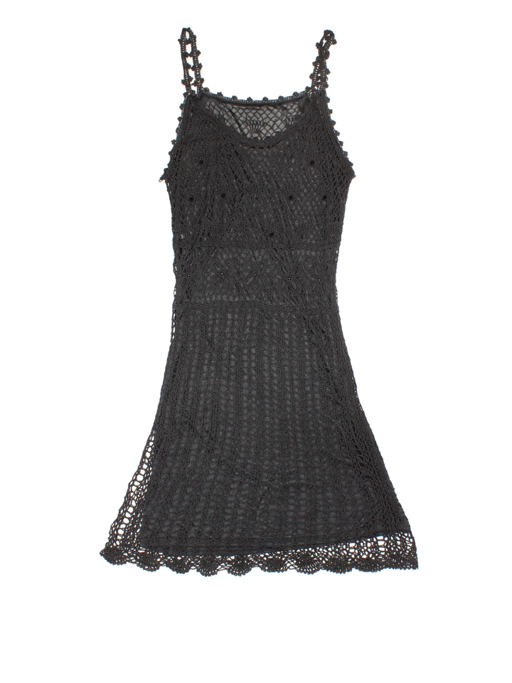 Y2K Crochet Midi Dress in black colourway. Scoop neck/back with beaded crochet over layer.