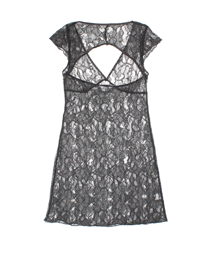 Y2K Lace Mini Dress in black colourway. V neck with key hole back and cap sleeves.