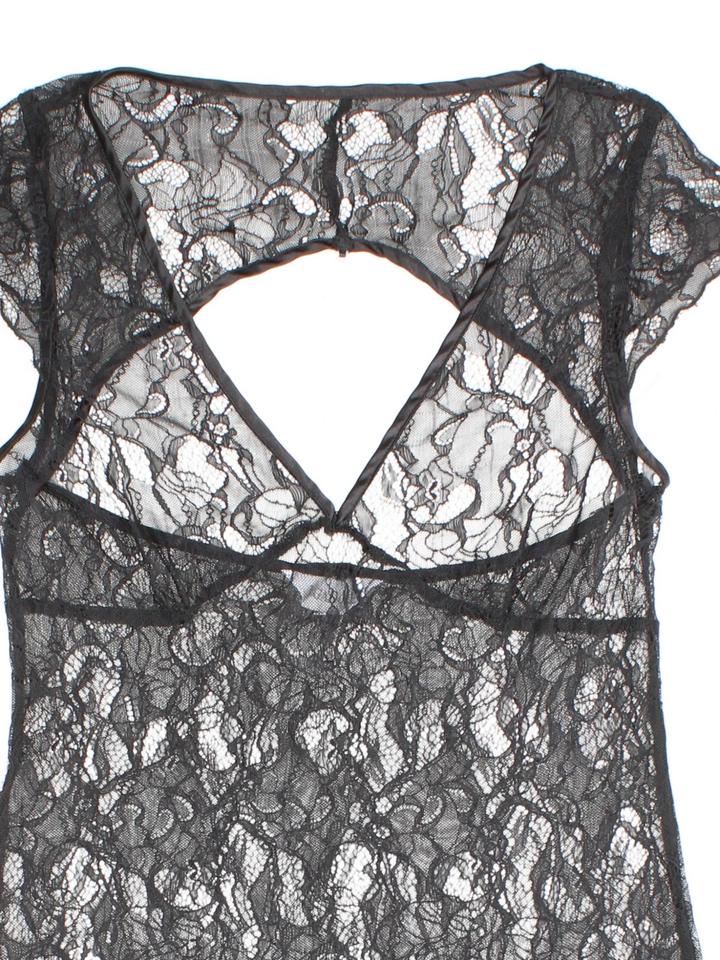 Y2K Lace Mini Dress in black colourway. V neck with key hole back and cap sleeves.