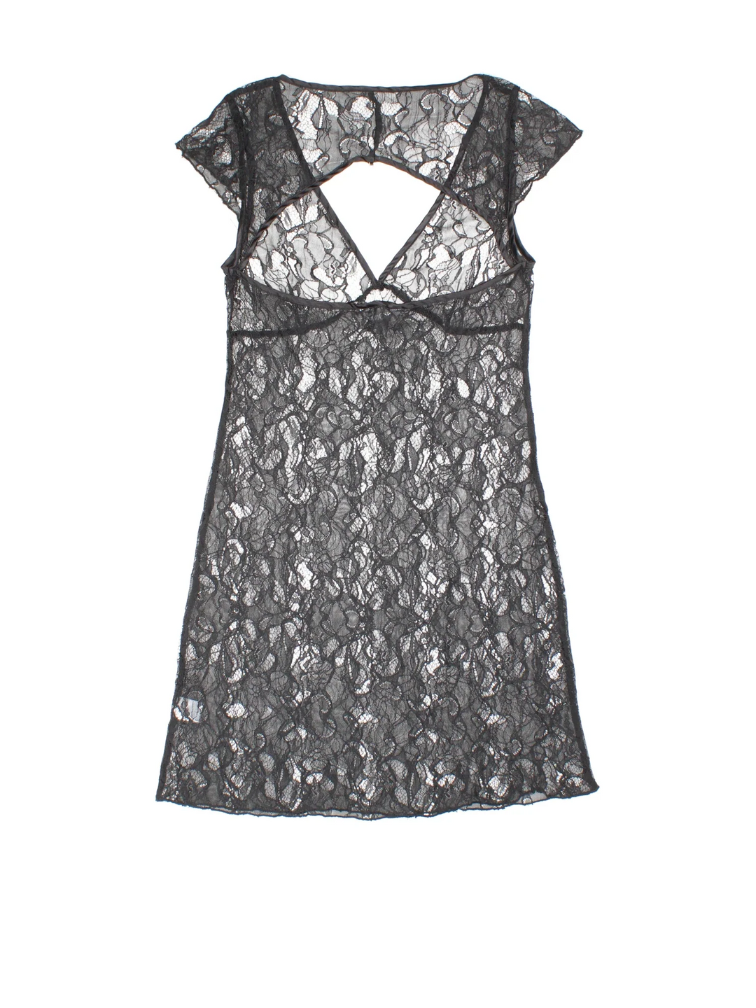 Y2K Lace Mini Dress in black colourway. V neck with key hole back and cap sleeves.