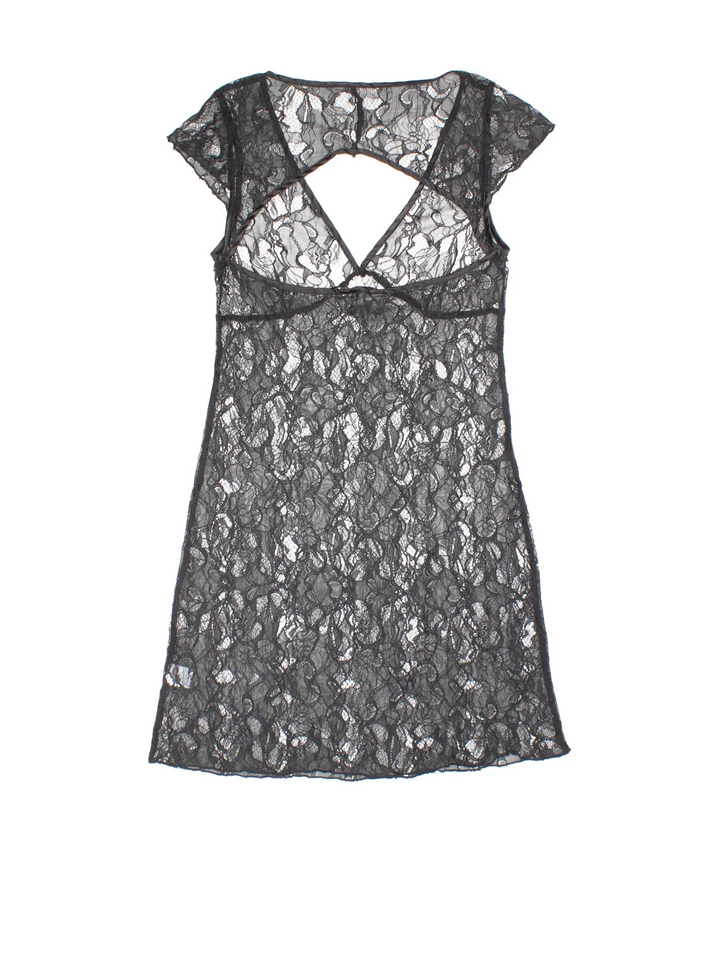 Y2K Lace Mini Dress in black colourway. V neck with key hole back and cap sleeves.