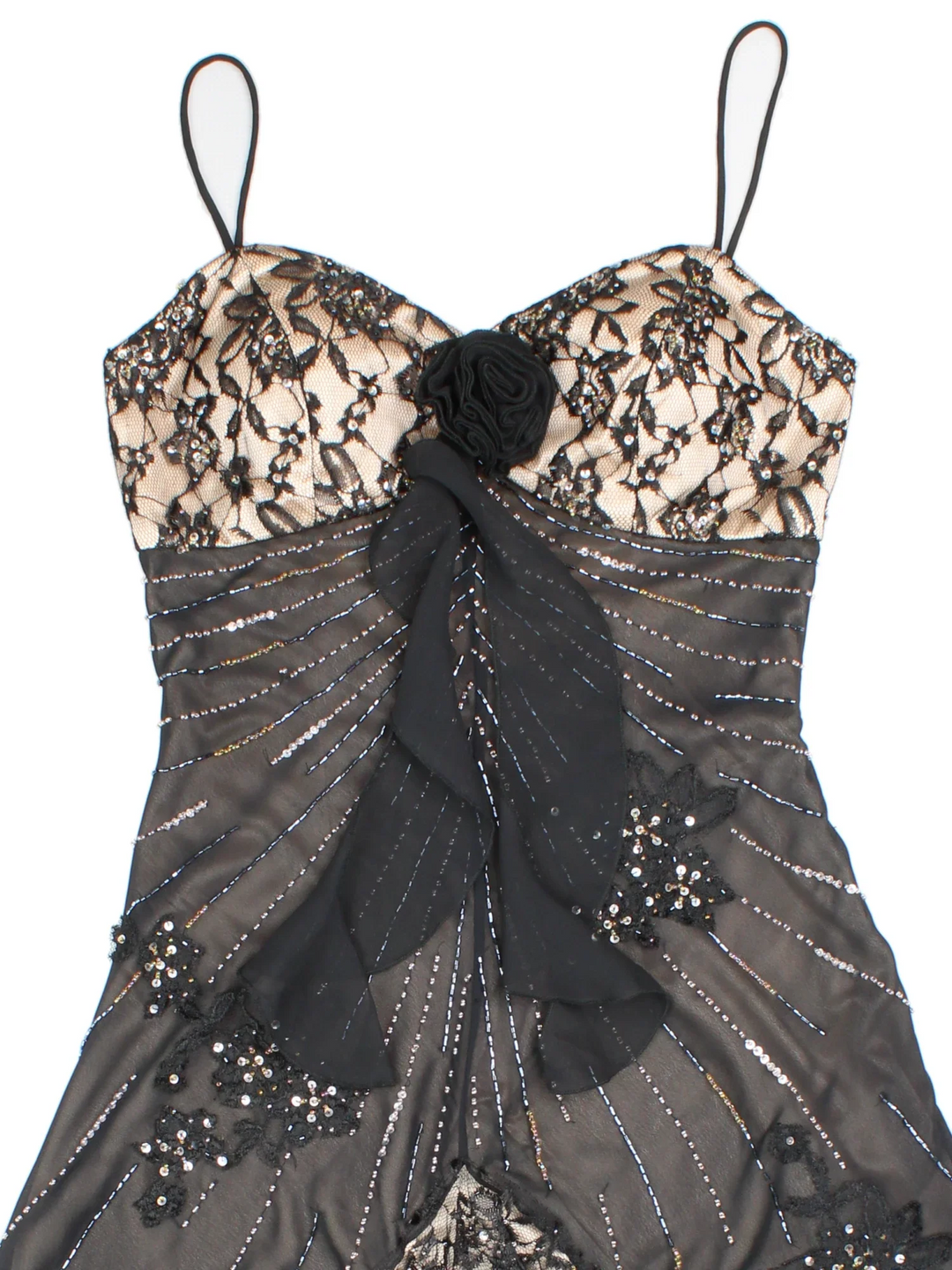 Y2K Beaded Asymmetrical Dress in black colourway. Padded bust detail with scoop back and lace frill overlay.