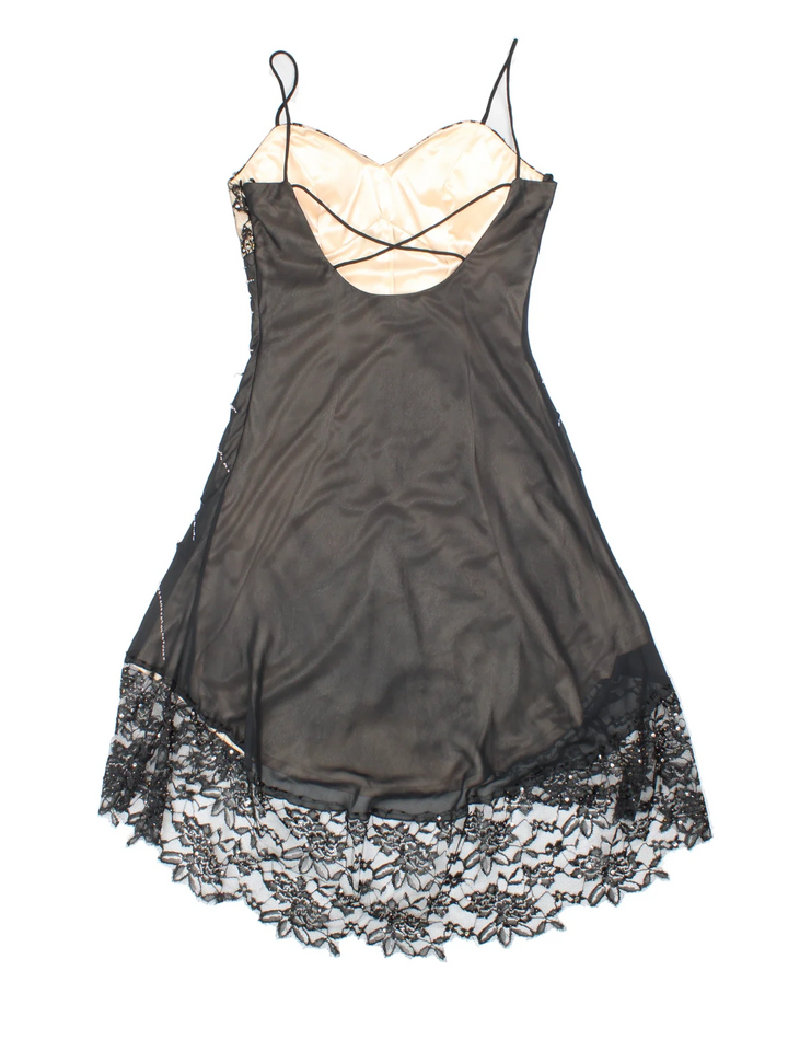 Y2K Beaded Asymmetrical Dress in black colourway. Padded bust detail with scoop back and lace frill overlay.