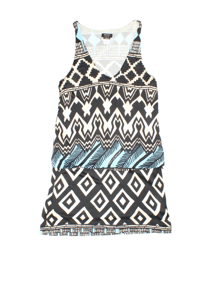 Vintage Miss Sixty Mini Dress in black/blue colourway. Scoop neck with all over print detail.