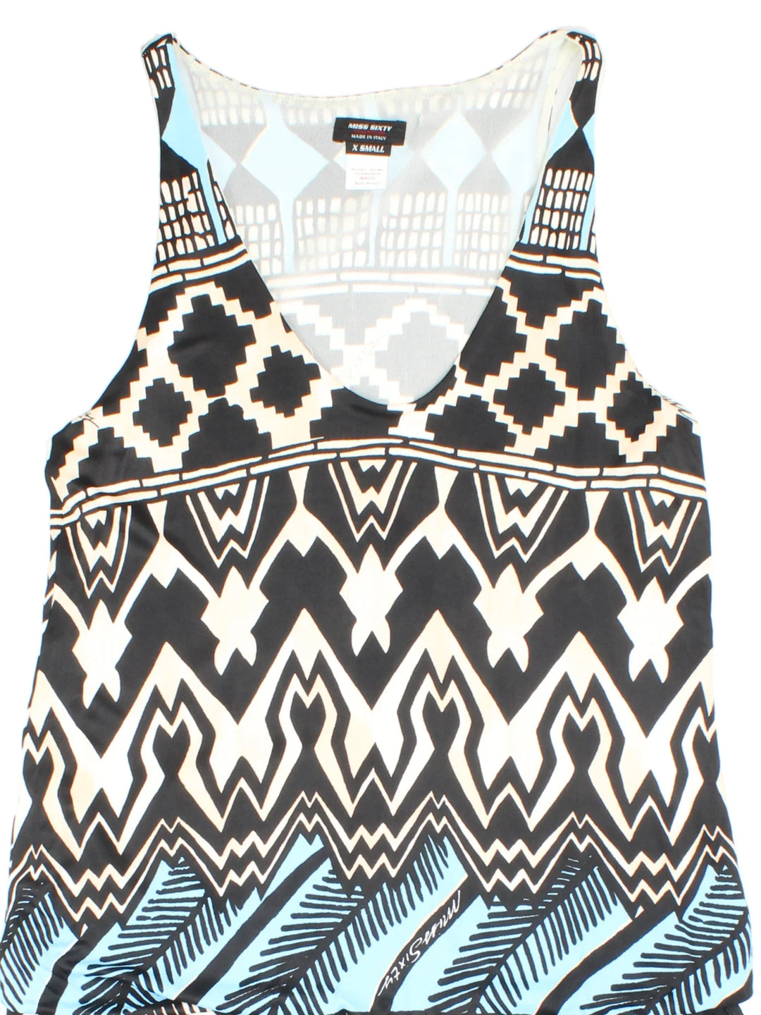 Vintage Miss Sixty Mini Dress in black/blue colourway. Scoop neck with all over print detail.