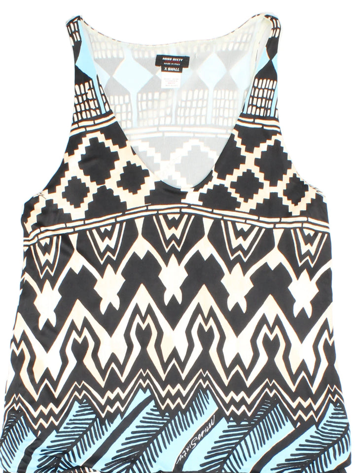 Vintage Miss Sixty Mini Dress in black/blue colourway. Scoop neck with all over print detail.