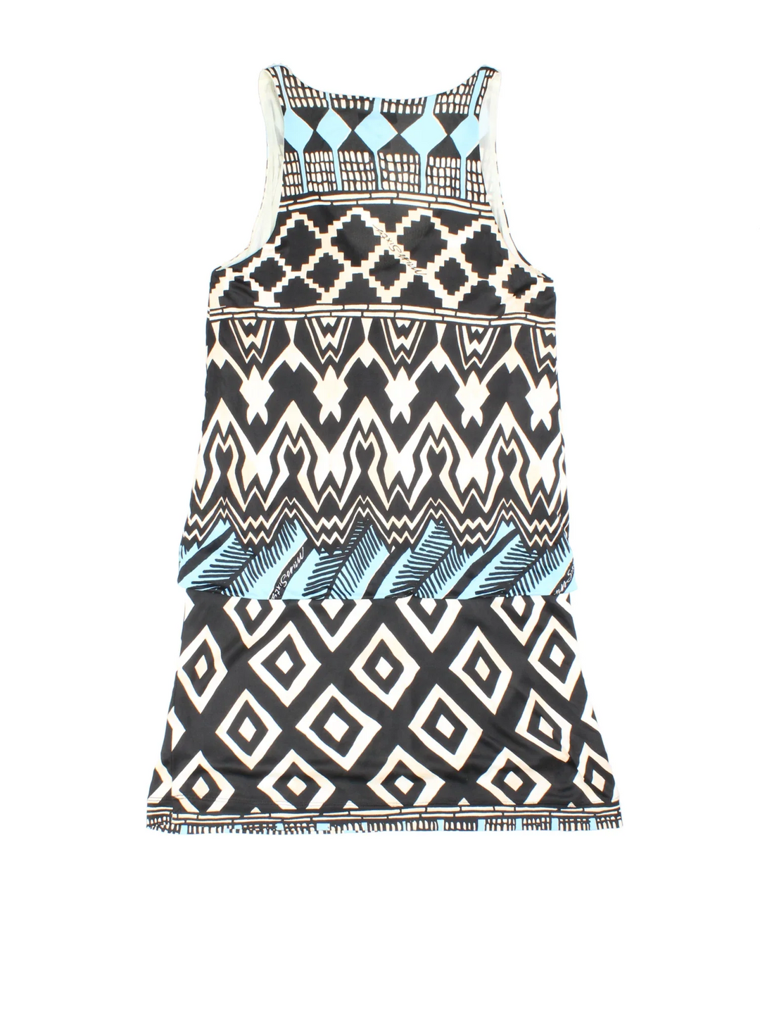Vintage Miss Sixty Mini Dress in black/blue colourway. Scoop neck with all over print detail.
