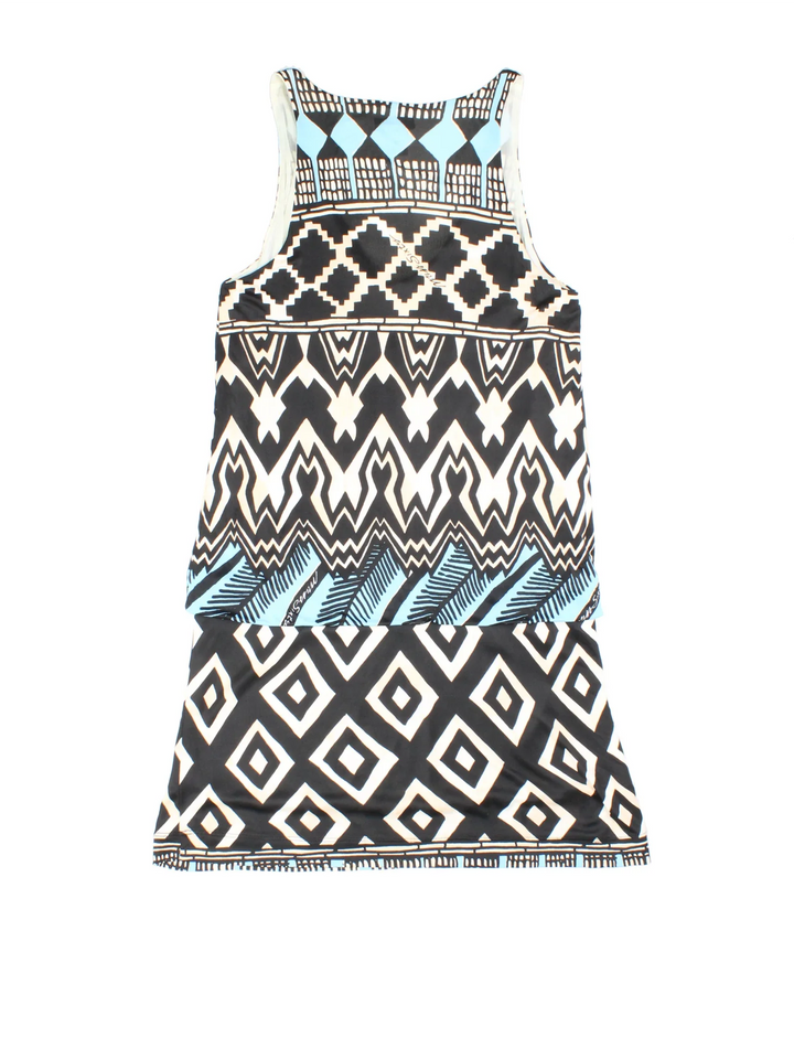 Vintage Miss Sixty Mini Dress in black/blue colourway. Scoop neck with all over print detail.
