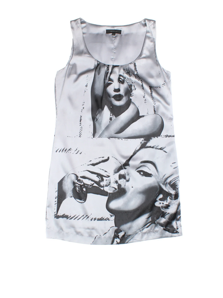 Y2K Marilyn Monroe Mini Dress in grey/black colourway. Scoop neck with all over print detail.