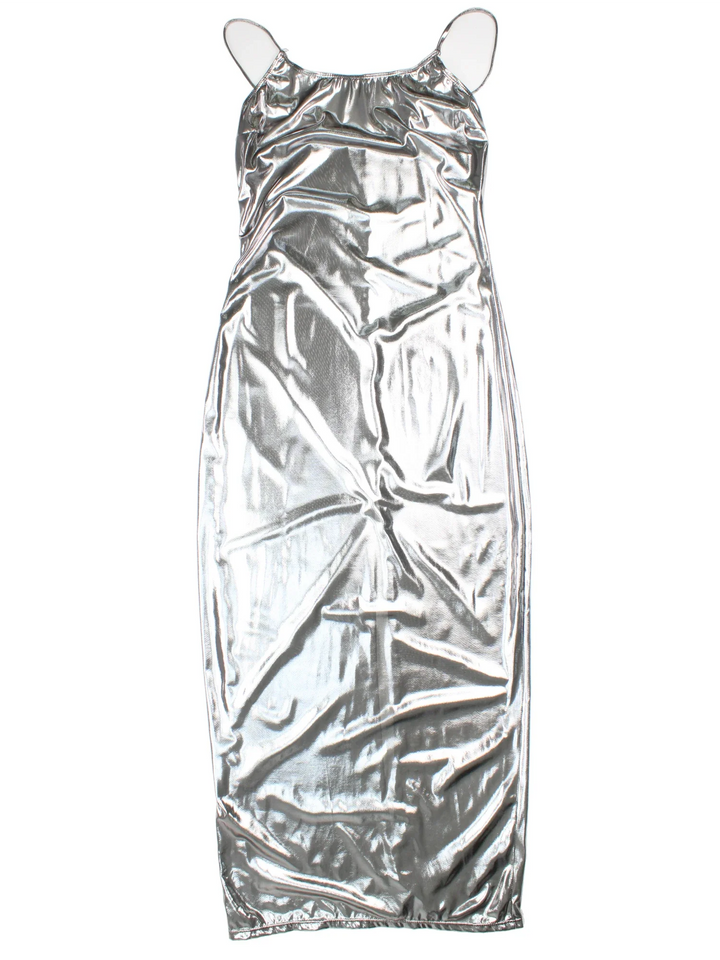 Y2K Metallic Maxi Dress in grey colourway. Scoop neck with adjustable straps and large back split.
