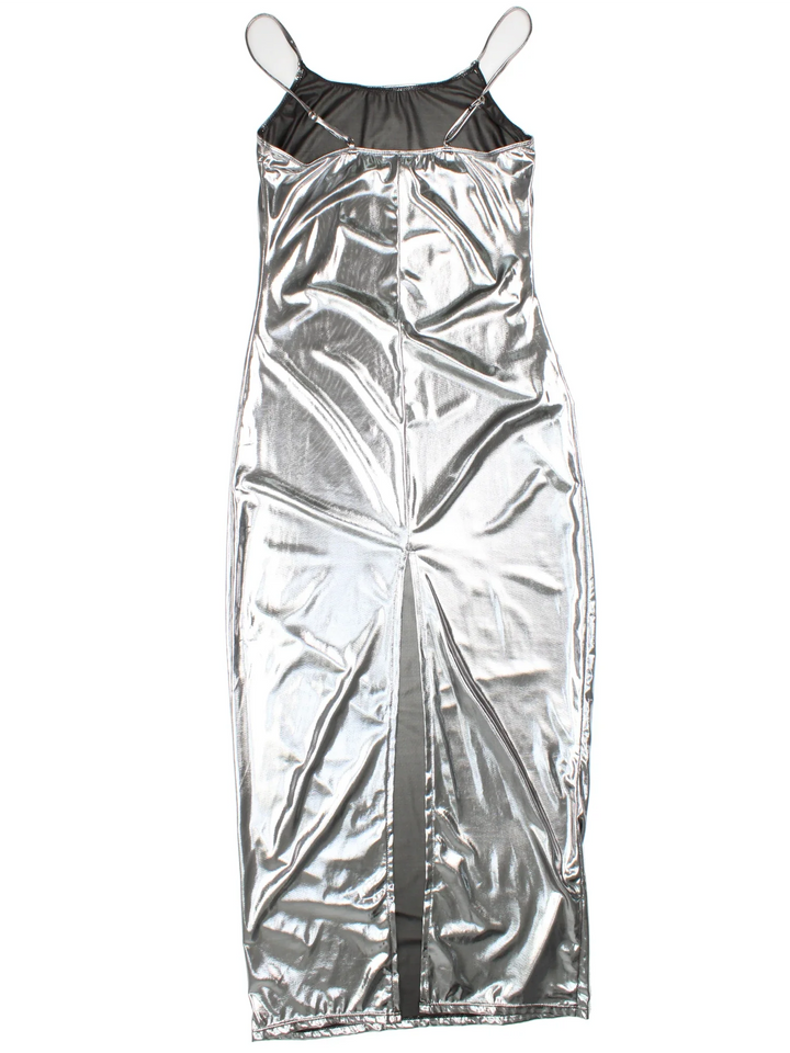 Y2K Metallic Maxi Dress in grey colourway. Scoop neck with adjustable straps and large back split.
