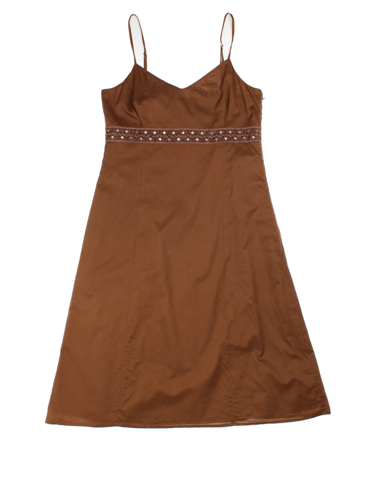 Y2K Midi Dress in brown colourway. V neck with adjustable straps and beaded panel detail.