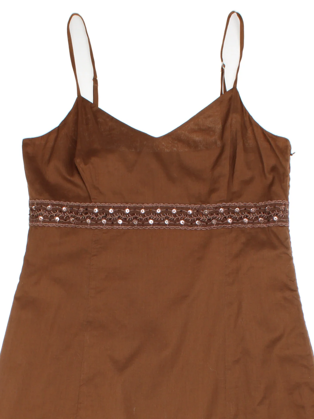Y2K Midi Dress in brown colourway. V neck with adjustable straps and beaded panel detail.
