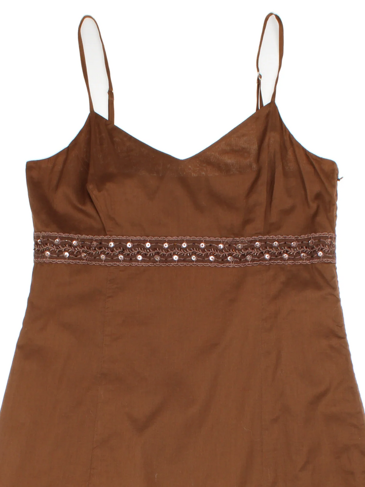 Y2K Midi Dress in brown colourway. V neck with adjustable straps and beaded panel detail.