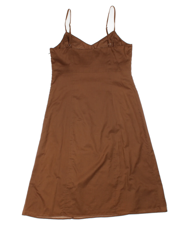 Y2K Midi Dress in brown colourway. V neck with adjustable straps and beaded panel detail.