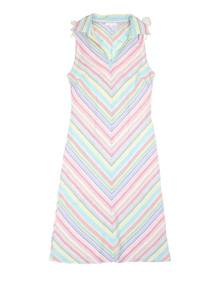 Y2K Midi Dress in multicoloured colourway. V neck with gathered tie shoulder detail.