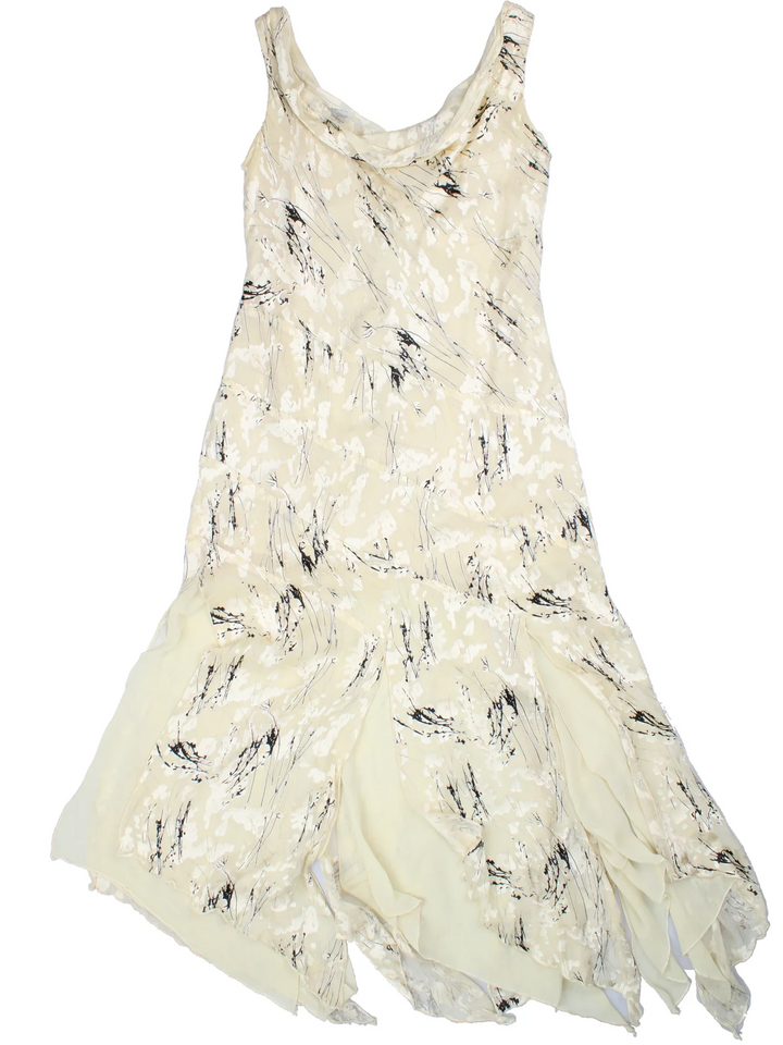 Vintage Jospeh Ribkoff Maxi Dress in white/black colourway. Cowl neckline with sheer overlay and split hankerchief hem.