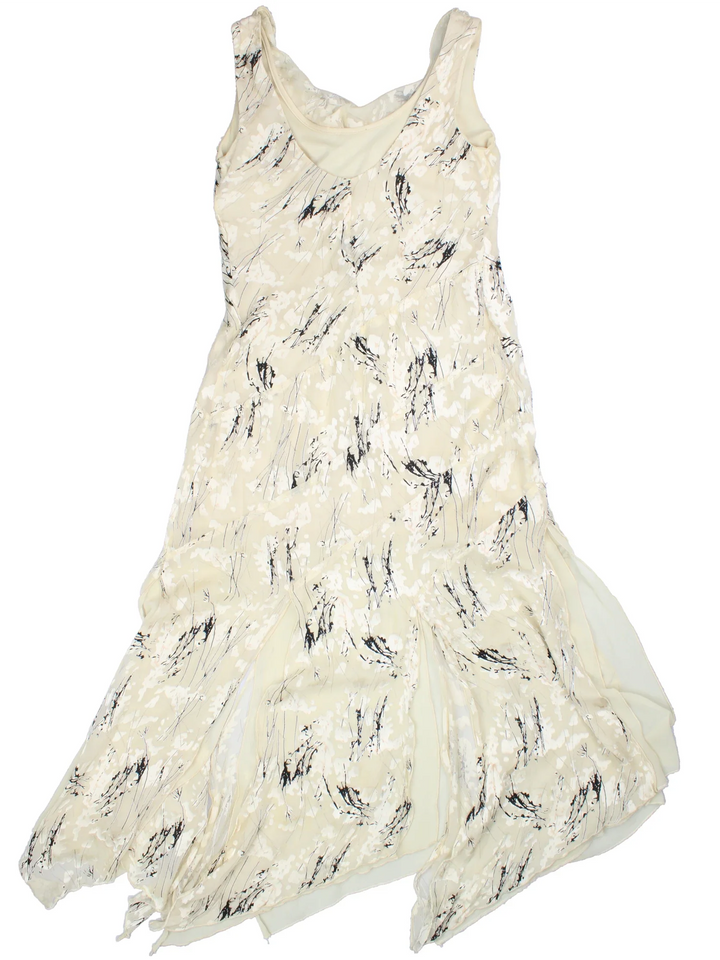 Vintage Jospeh Ribkoff Maxi Dress in white/black colourway. Cowl neckline with sheer overlay and split hankerchief hem.