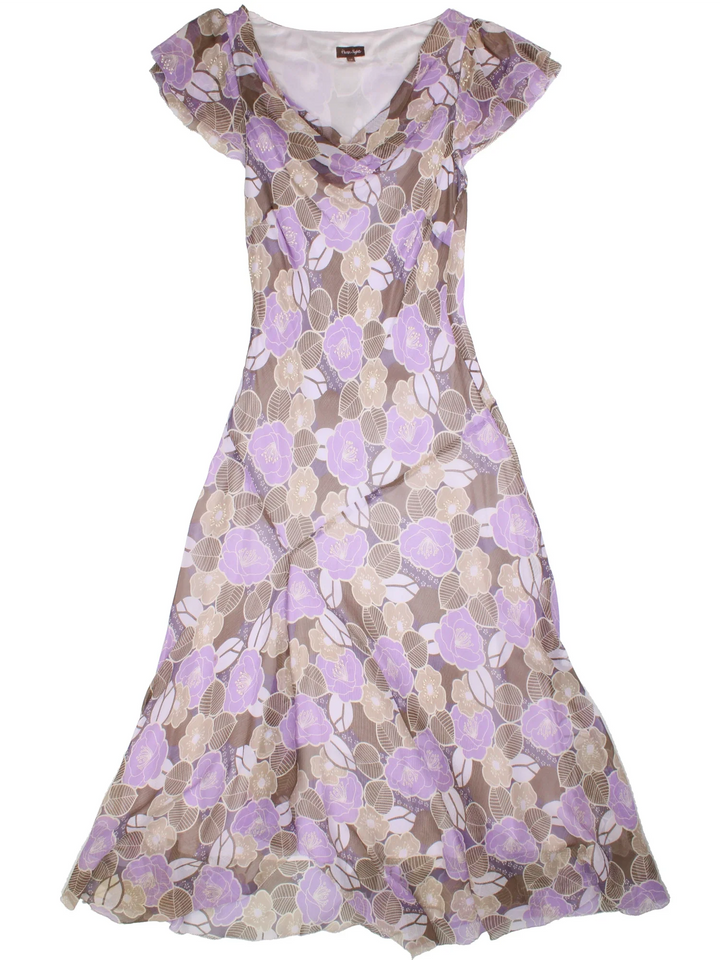 Y2K Phase Eight Floral Maxi Dress in purple colourway. Cowl neckline with cap sleeves, sheer overlay and beaded detailing.