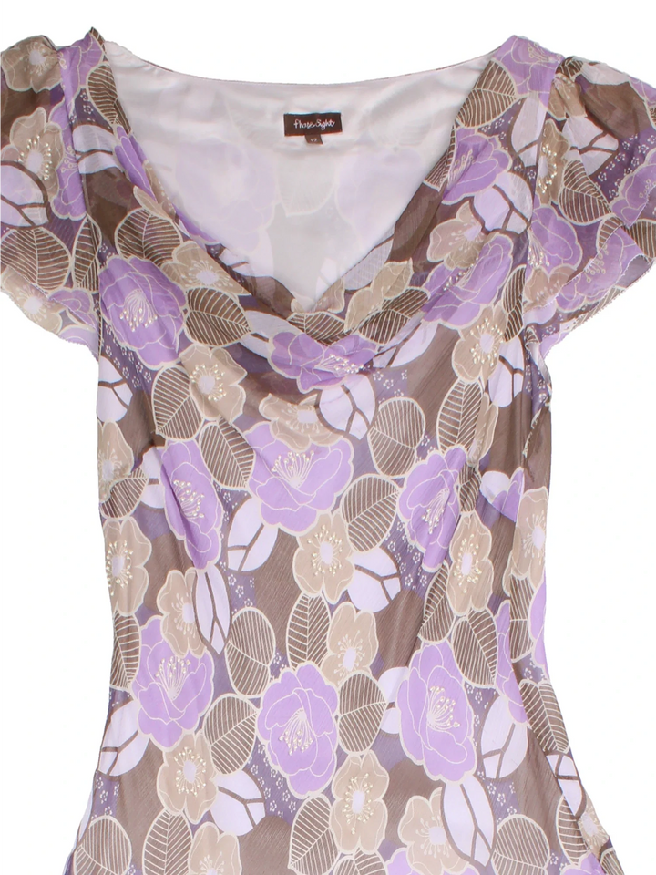 Y2K Phase Eight Floral Maxi Dress in purple colourway. Cowl neckline with cap sleeves, sheer overlay and beaded detailing.