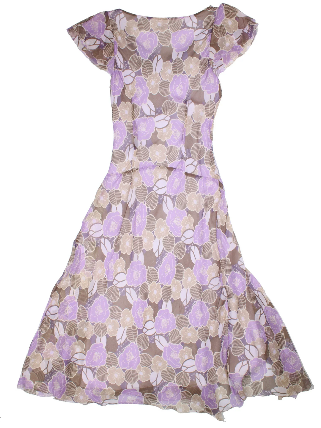 Y2K Phase Eight Floral Maxi Dress in purple colourway. Cowl neckline with cap sleeves, sheer overlay and beaded detailing.