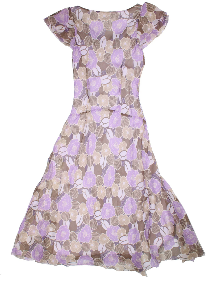 Y2K Phase Eight Floral Maxi Dress in purple colourway. Cowl neckline with cap sleeves, sheer overlay and beaded detailing.