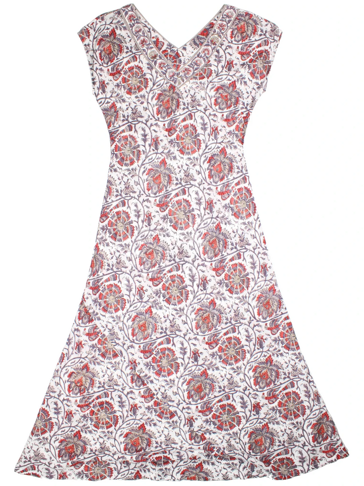 Anokhi For East Floral Maxi Dress in white/grey/red colourway. V neckline, with cap sleeve and gold painted detail.