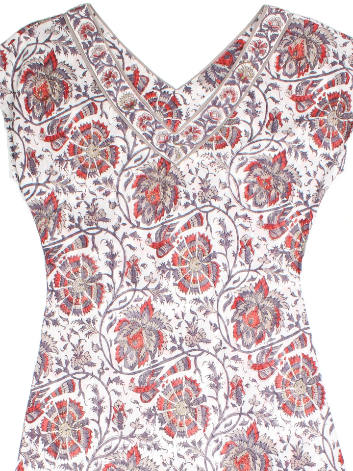 Anokhi For East Floral Maxi Dress in white/grey/red colourway. V neckline, with cap sleeve and gold painted detail.