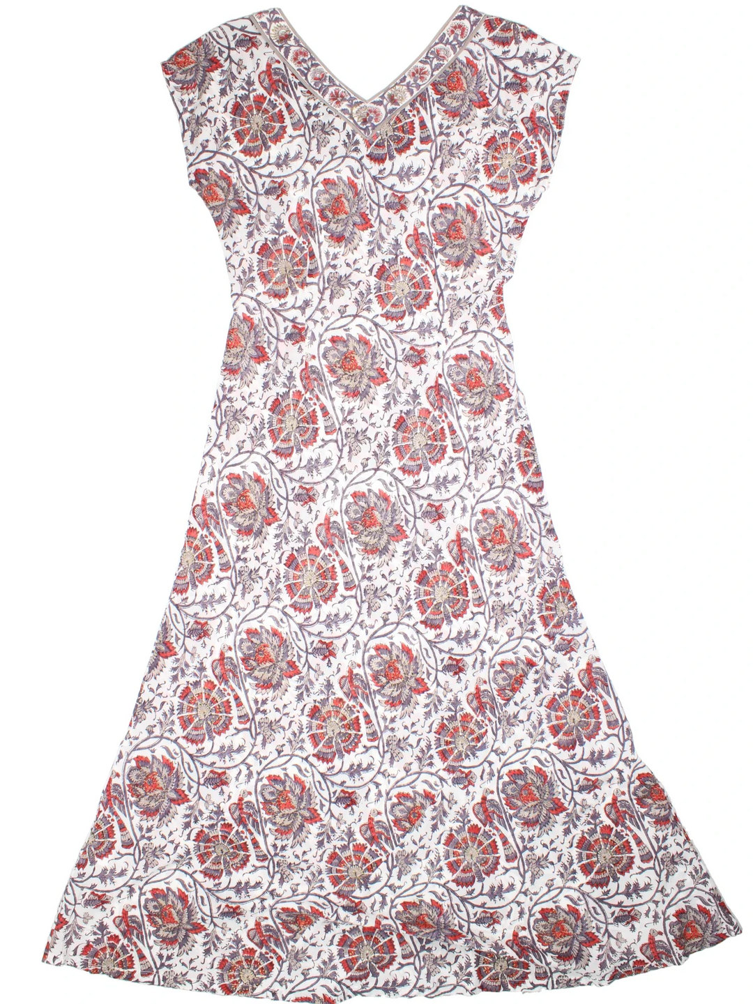 Anokhi For East Floral Maxi Dress in white/grey/red colourway. V neckline, with cap sleeve and gold painted detail.