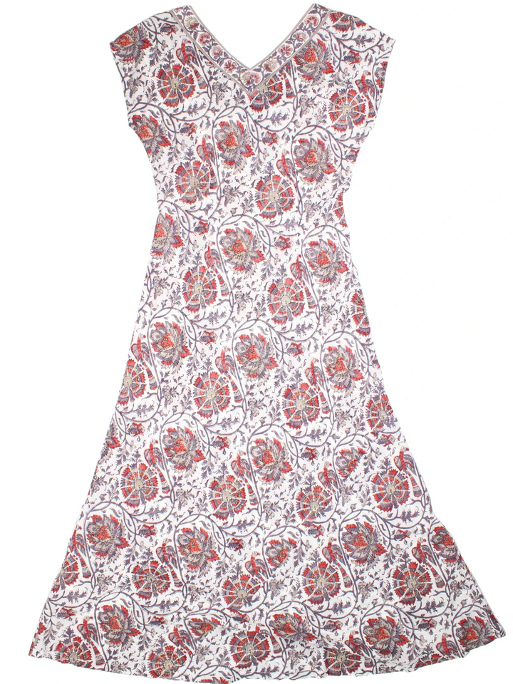 Anokhi For East Floral Maxi Dress in white/grey/red colourway. V neckline, with cap sleeve and gold painted detail.