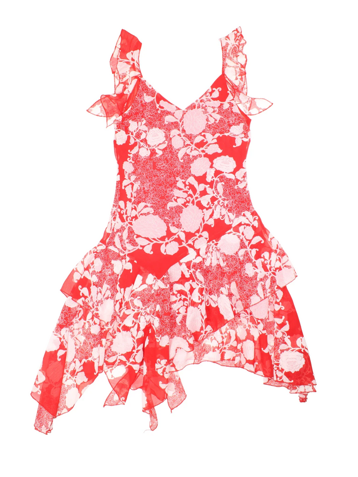 Y2K Floral Asymmetrical Dress in red/white colourway with sheer frill detail and waterfall hem.