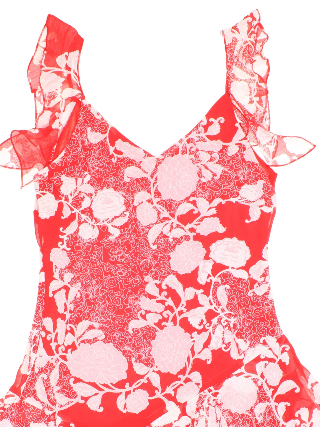 Y2K Floral Asymmetrical Dress in red/white colourway with sheer frill detail and waterfall hem.